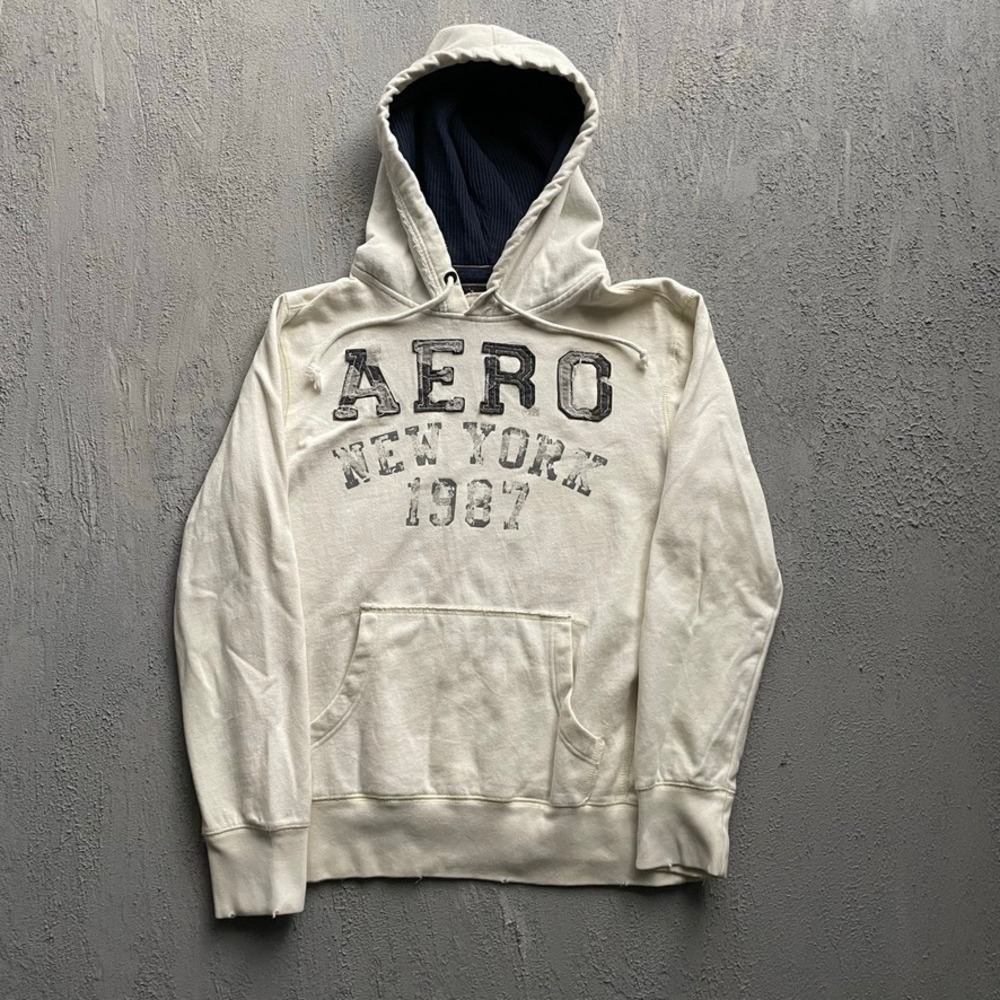 Vintage Aeropostale Graphic Hoodie Mens Medium Off White Y2K